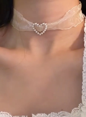 纯欲白色爱心薄纱choker项链女