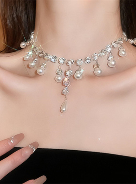 超闪水滴锆石珍珠流苏项链