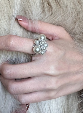 珍珠大小叠搭细碎闪钻戒指