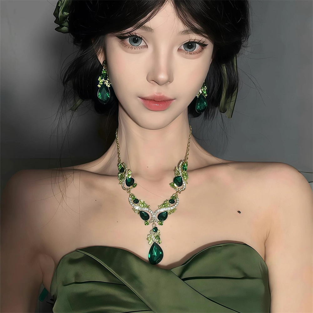 欧美夸张绿色水滴锆石项链耳环