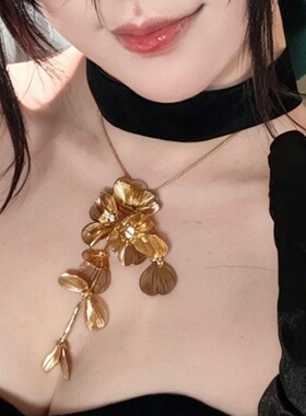 欧美立体花朵流苏吊坠项链女轻奢