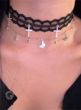 黑色蕾丝十字架吊坠项链