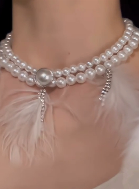 镶钻羽毛流苏珍珠双层项链女