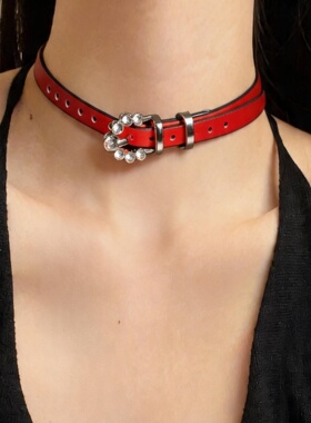 皮带扣细款百搭choker红色项圈