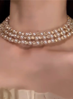 闪钻三层珍珠项链女choker颈链