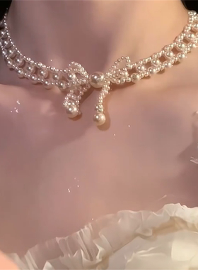 千金风珍珠蝴蝶结项链女