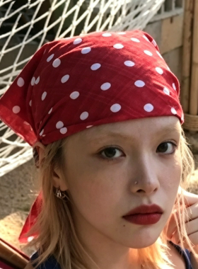 zoozmomo美式复古红色波点丝巾女y2k辣妹叠戴头巾帽嘻哈包头方巾