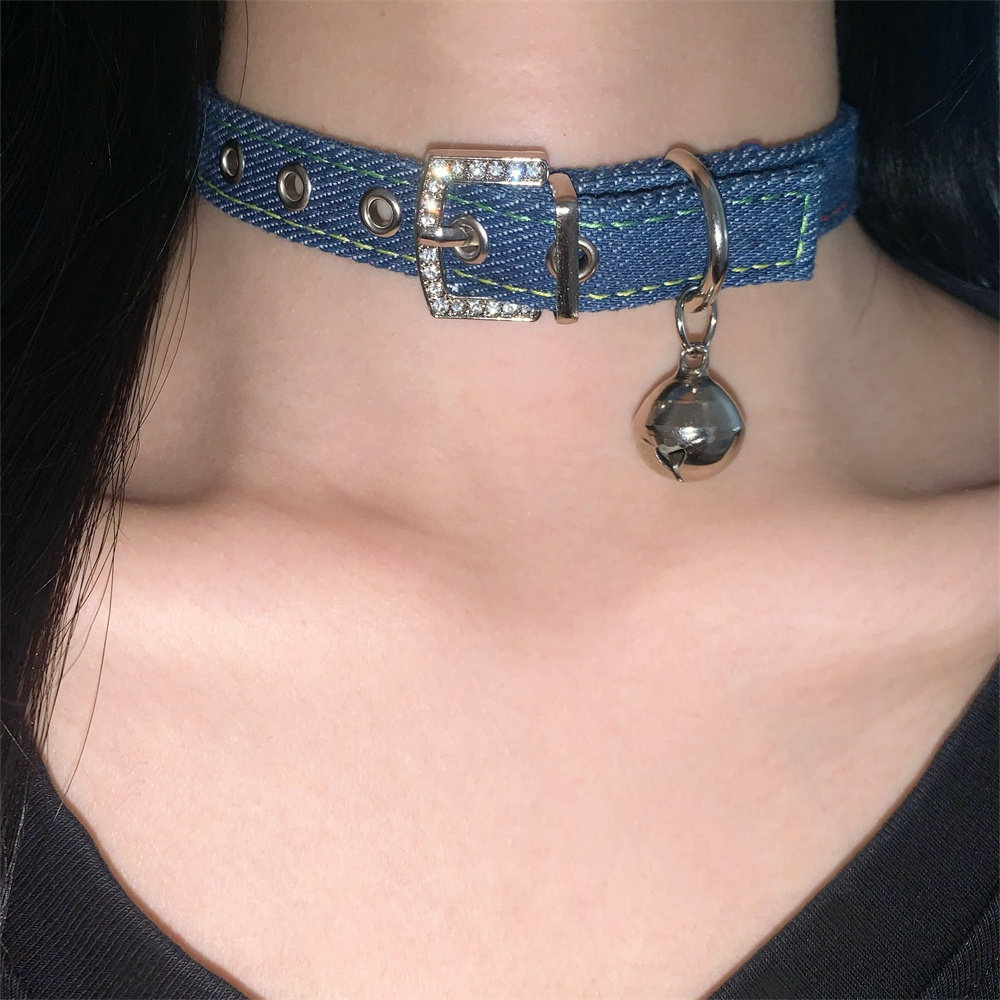 纯欲牛仔布艺铃铛颈环