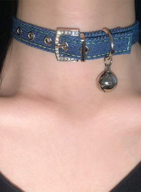 纯欲牛仔布艺铃铛颈环