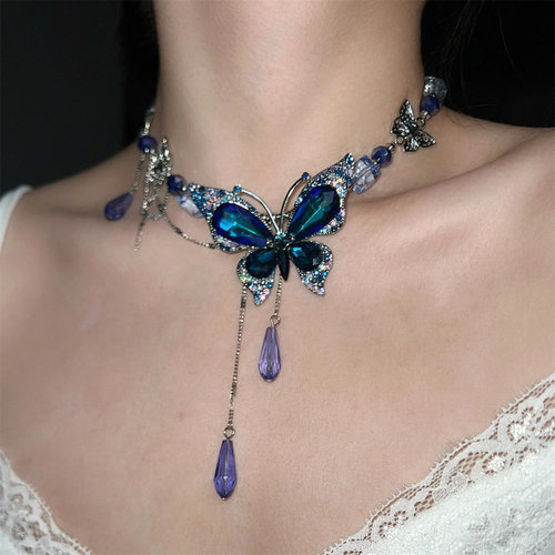 重工夸张蓝色水滴蝴蝶流苏项链