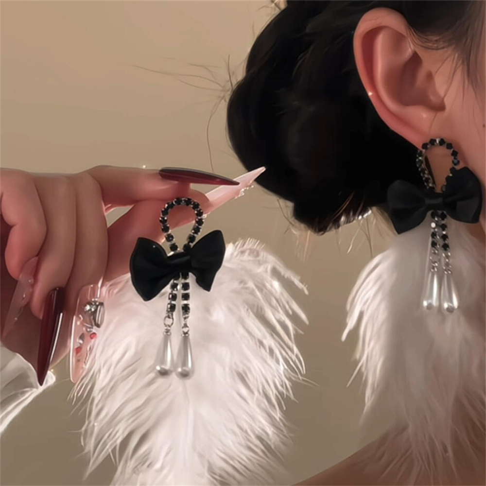 黑色蝴蝶结羽毛珍珠流苏耳环女