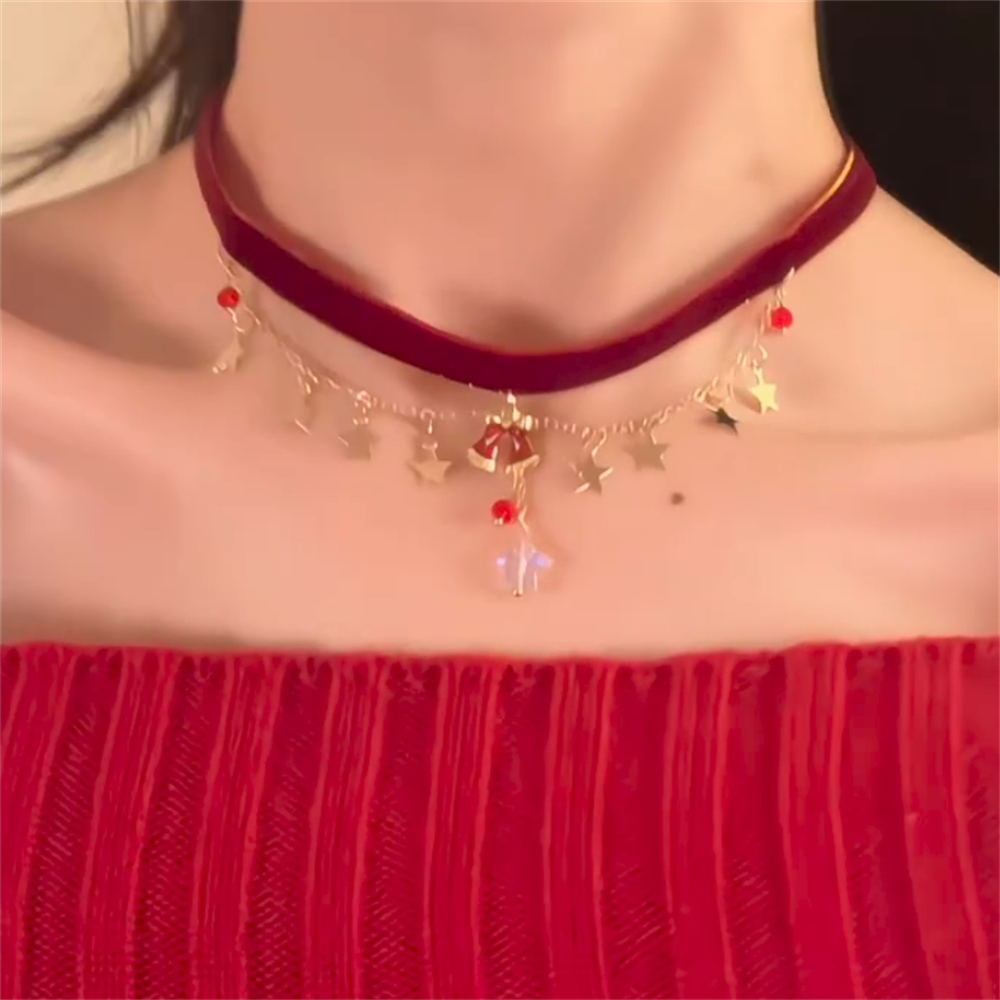 圣诞节红色铃铛流苏锁骨链