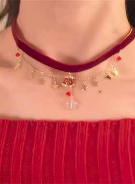 圣诞节红色铃铛流苏锁骨链