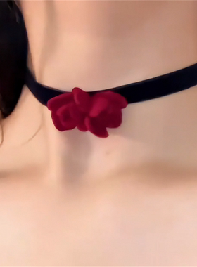 红玫瑰花choker黑色复古绑带