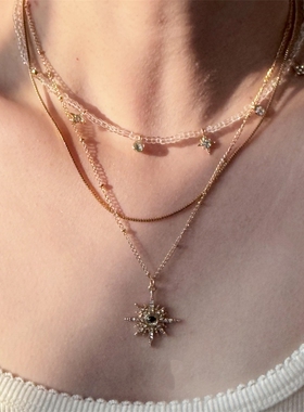 复古多层叠戴八芒星吊坠项链女