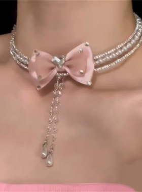千金闪锆粉色蝴蝶结项链