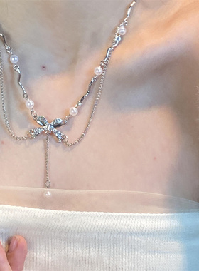双层蝴蝶结珍珠项链女
