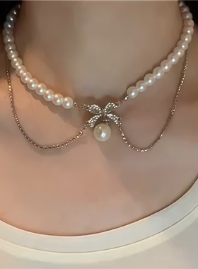 闪钻蝴蝶结珍珠项链女轻奢
