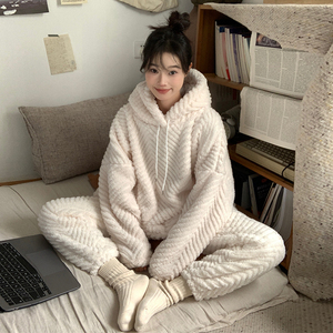 睡衣女秋冬季保暖珊瑚绒加厚款加绒纯色连帽卫衣家居服套装可外穿