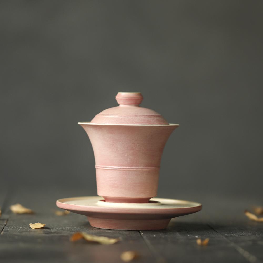 春天的胭脂红化妆土粉引元宝三才盖碗玉兰花型全手工粉色盖碗120m