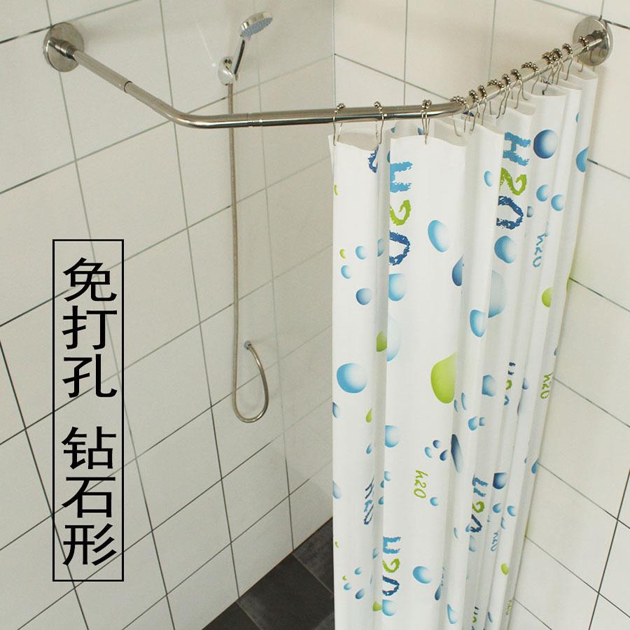 免打孔全伸缩钻石形浴帘杆3面可伸缩浴帘杆浴帘套装304不锈钢保用