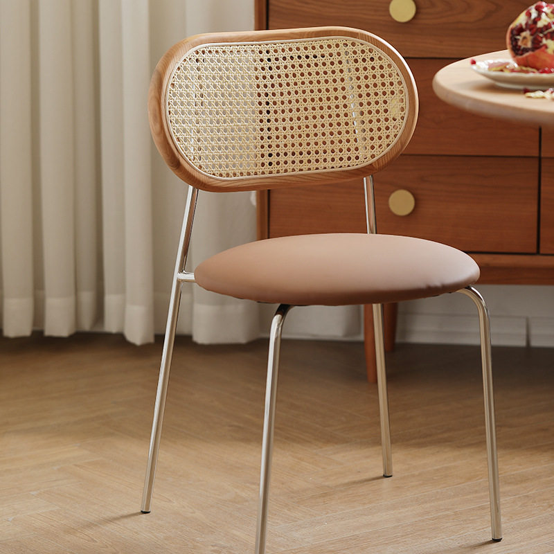 北欧复古实木不锈钢藤编餐椅