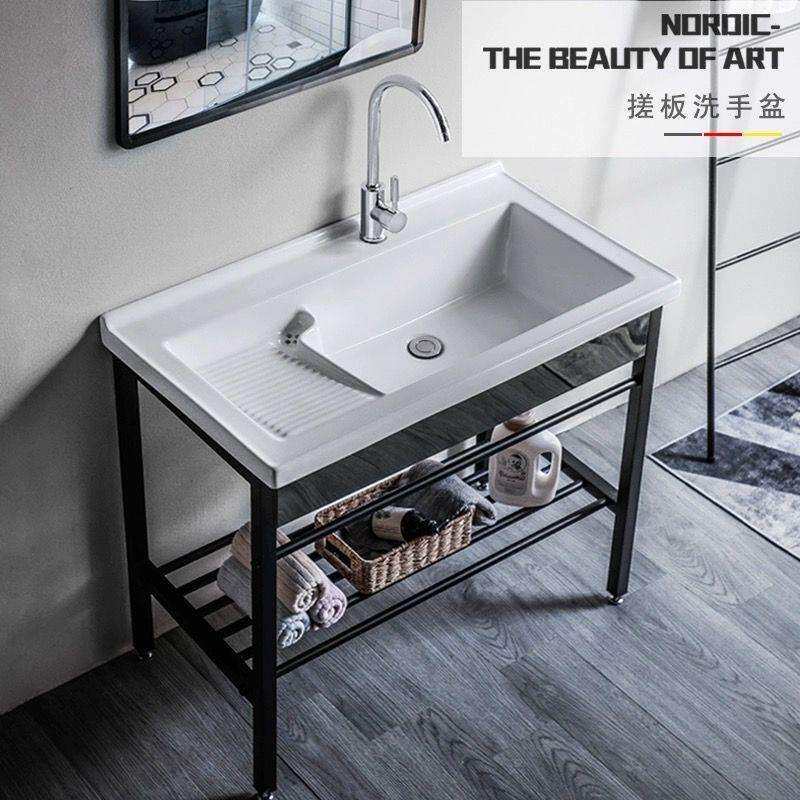 新款洗衣盆带搓衣板分离式排水陶瓷一体盆阳台卫生不锈钢支架水槽