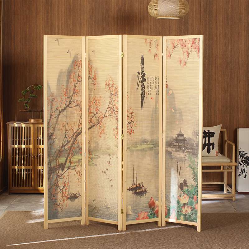 竹屏风隔断客厅家用中式山水花鸟现代简约玄关门卧室折屏实木屏风