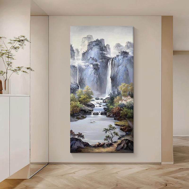 玄关大气山水风景手绘油画中式客厅高山流水生财装饰画聚宝盆挂画