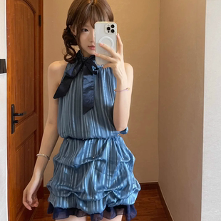 甜美宽松设计感蓝色连衣裙 允觅Yunmel古着千金风系带挂脖2025夏季
