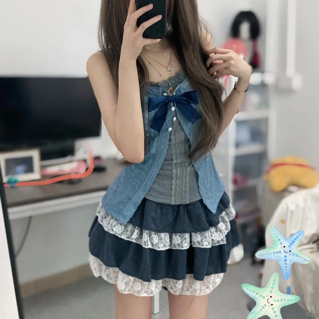 古早千金 夏装新款日系软妹学院甜美风蝴蝶结蕾丝拼接短裙三件套