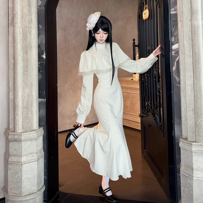 法式富家千金收腰斗篷连衣裙女春