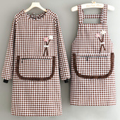简约长袖 罩衣防油耐磨棉格透气围裙家用厨房时尚 女餐饮工作服成人