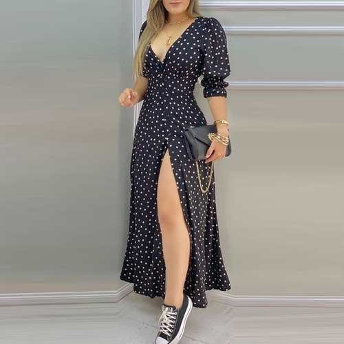 女士V领高开叉波点连衣裙