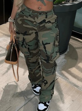 High waisted camouflage overalls for women女士高腰迷彩工装裤