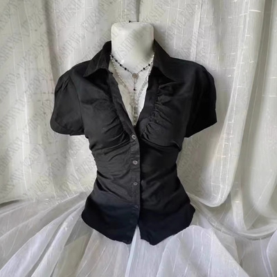 POLO领翻褶皱钮扣短袖衬衫