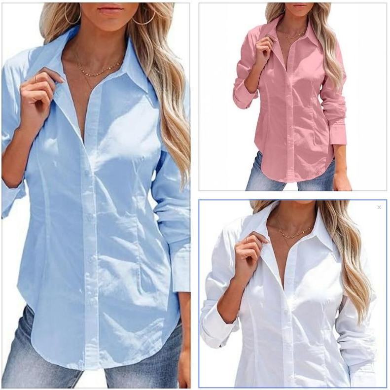 女翻领纽扣长袖纯色衬衣Women's long sleeved solid color shirt