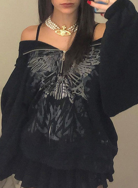 Loose butterfly printed zippered cardigan 蝴蝶印花拉链开衫女