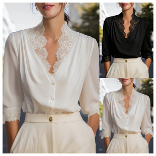女士蕾丝七分袖衬衫Lace patchwork seven quarter sleeved shirt