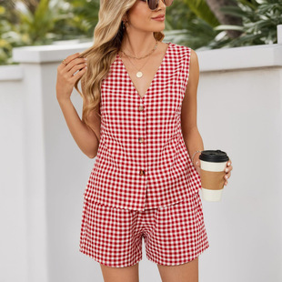 女士复古格纹V领西装套装背心松紧腰短裤Sleeveless women's suit