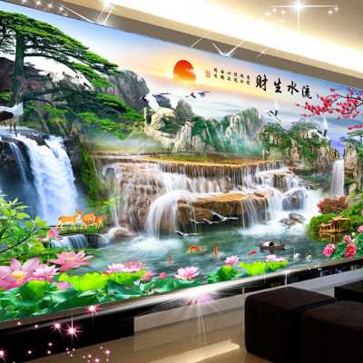 中式山水18d立体浮雕壁画客厅电视背景墙壁纸流水生财5d影视墙布