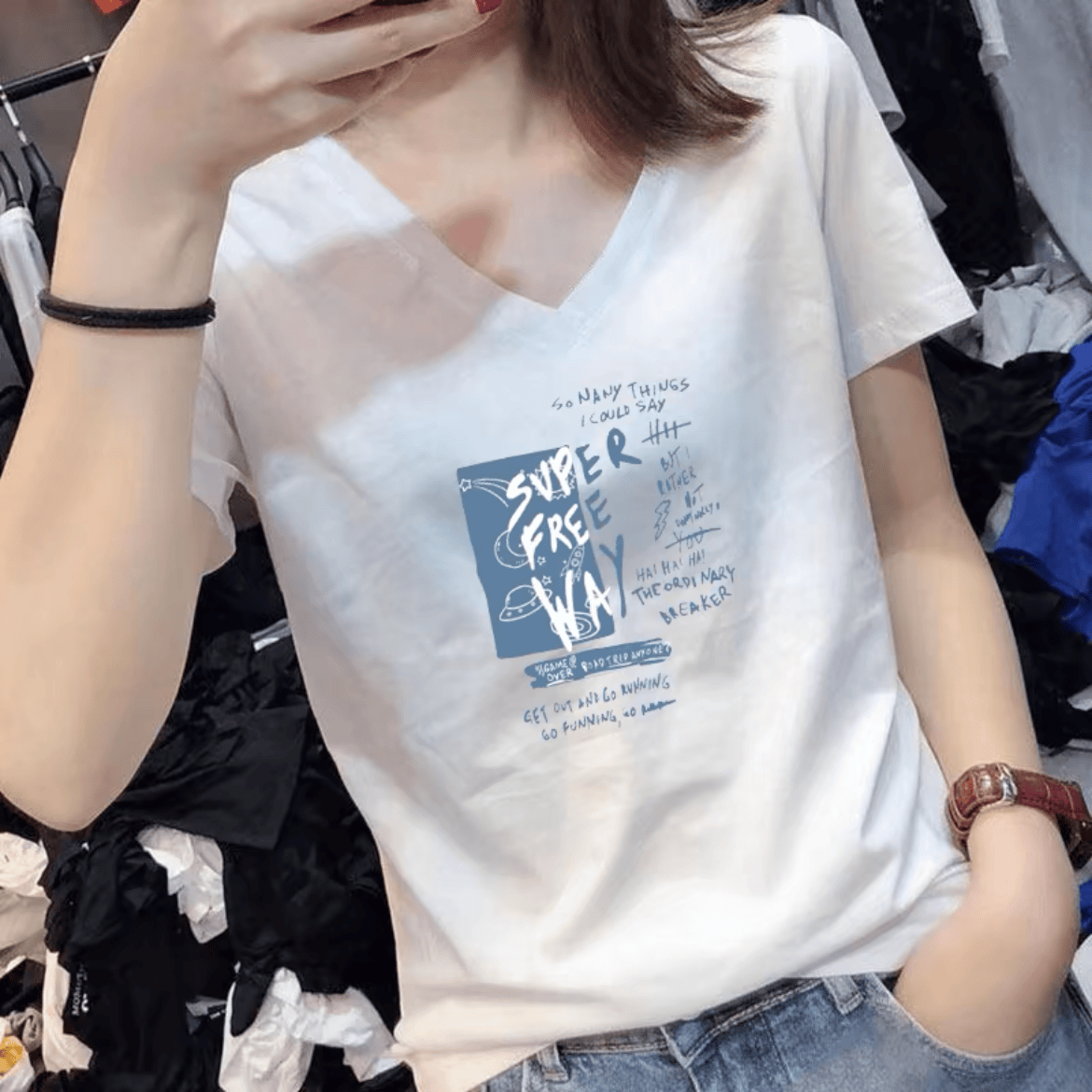 2025年夏季新款V领短袖t恤女纯棉洋气宽松大码胖mm显瘦百搭上衣服