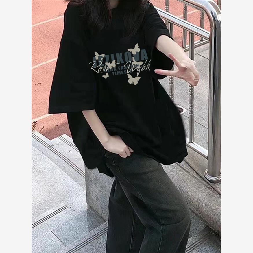 胖mm美式复古黑色大码短袖t恤女学生宽松夏季正肩潮牌半袖上衣ins