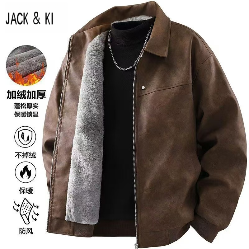 JACK&KI 男皮衣冬季加绒加厚保暖防风翻领皮夹克时尚百搭防寒外套