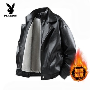 花花公子美式冬季加绒加厚皮衣男士2025新款日系休闲保暖夹克外套