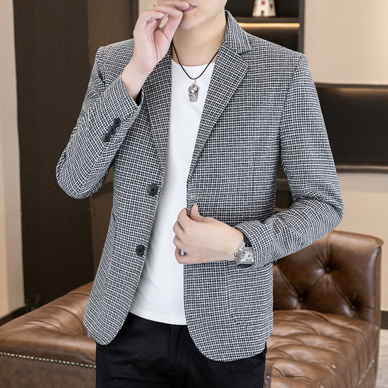 小格子西装男韩版修身青年帅气休闲百搭短款英伦时尚男士西服上衣