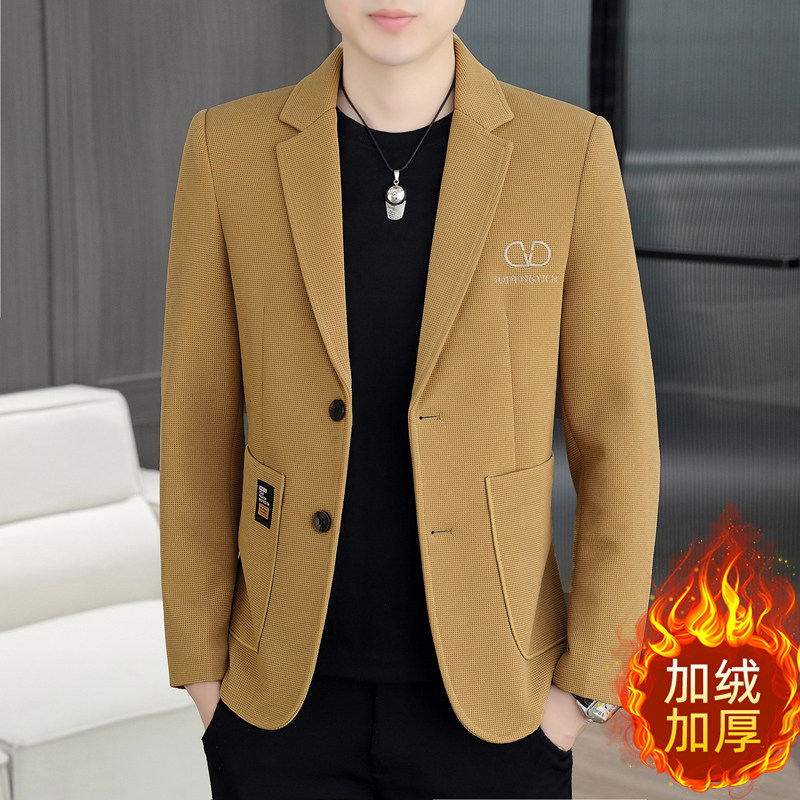 男士西服中青年加绒加厚韩版修身高档秋冬季短款休闲小西装外套男