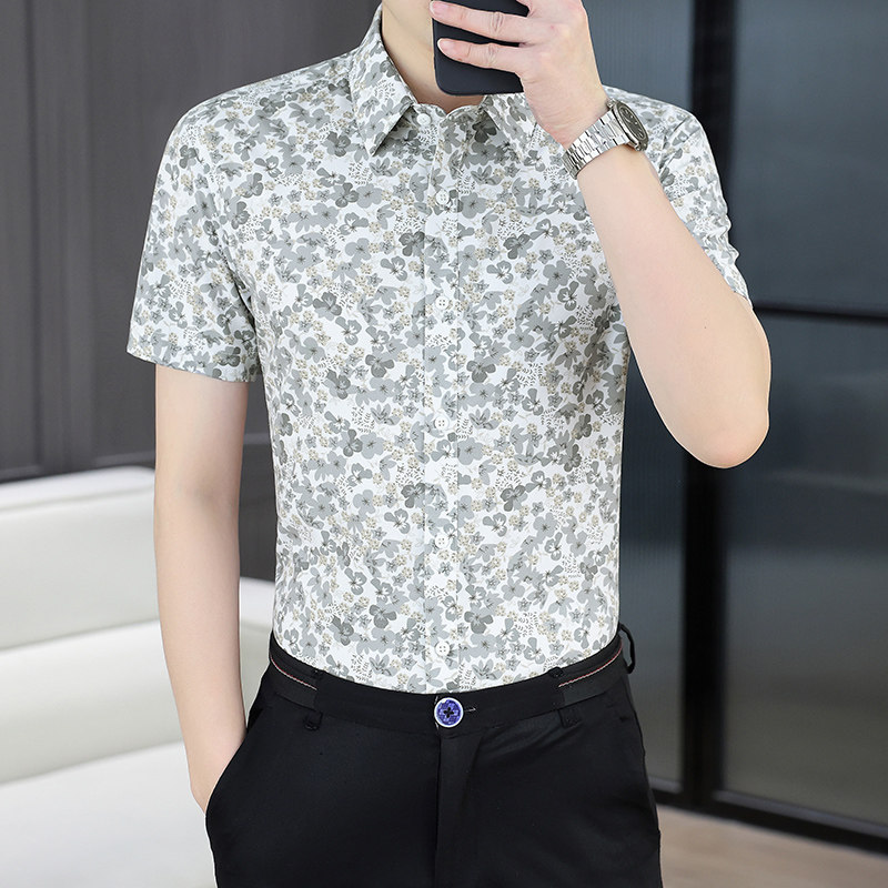 夏季男士衬衣中青年百搭韩版修身高档休闲花纹免烫弹力短袖衬衫男
