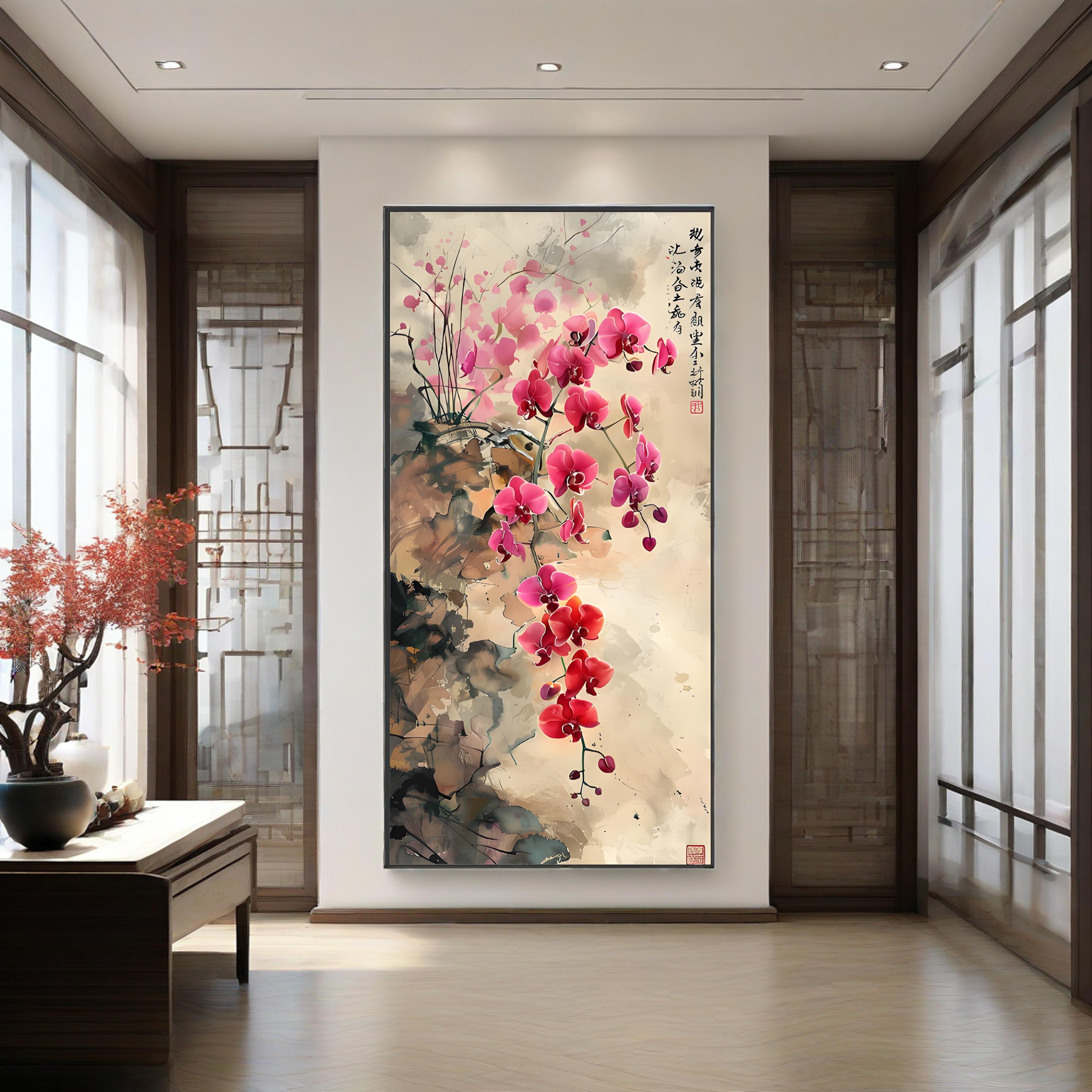 新中式正对门入户玄关装饰画走廊过道花卉挂画楼梯转角肌理画壁画图片