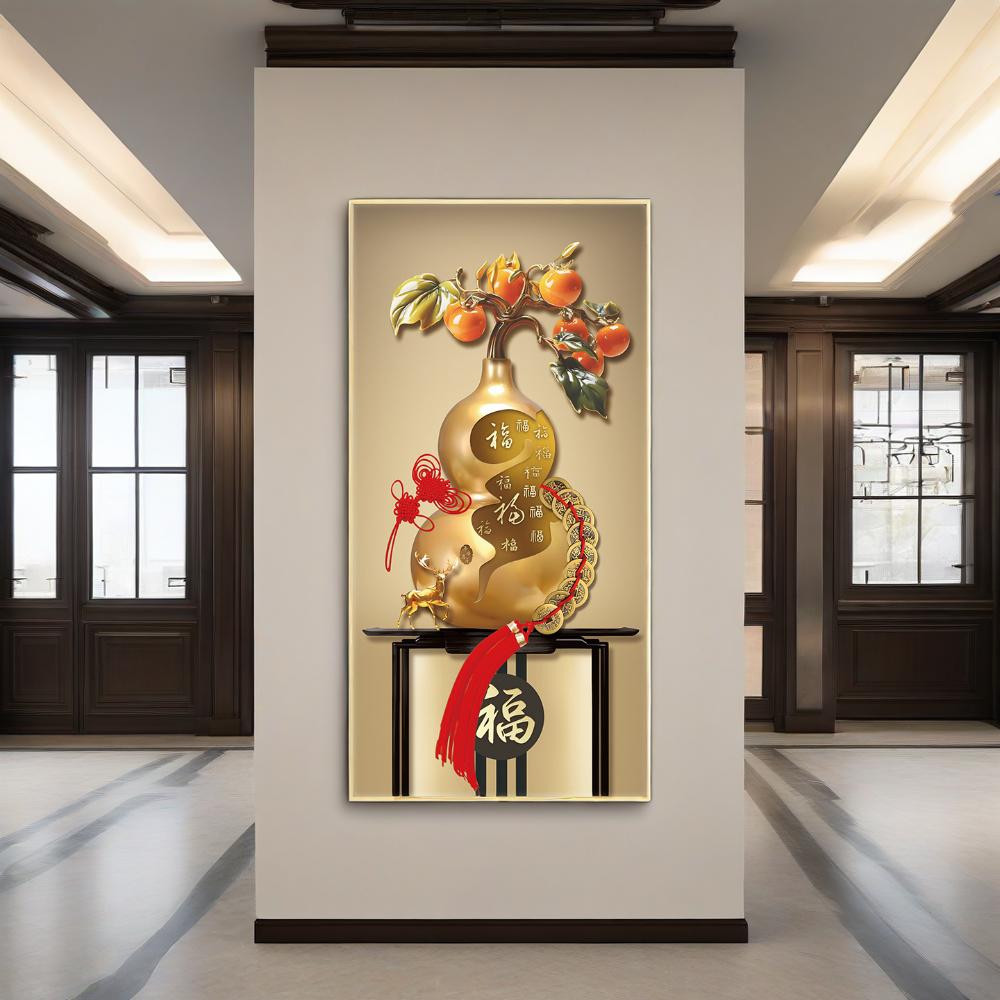 新中式葫芦玄关挂画柿柿如意福禄装饰画客厅入户正对门浮雕肌理画图片